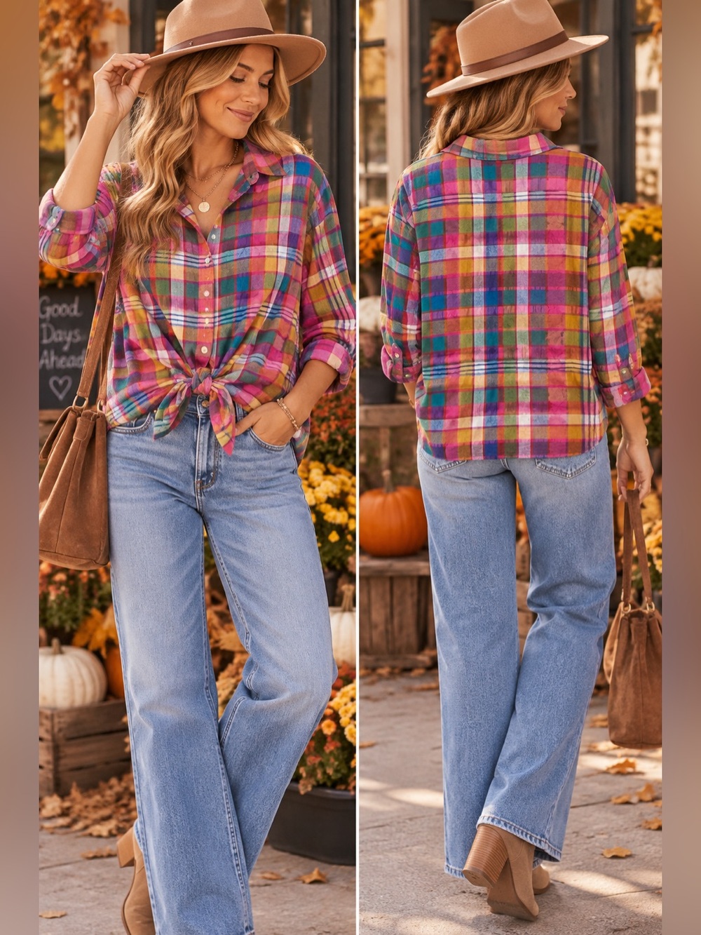 BiBi Madras Plaid Button shirt top large Colorful maximalist dopamine relaxed